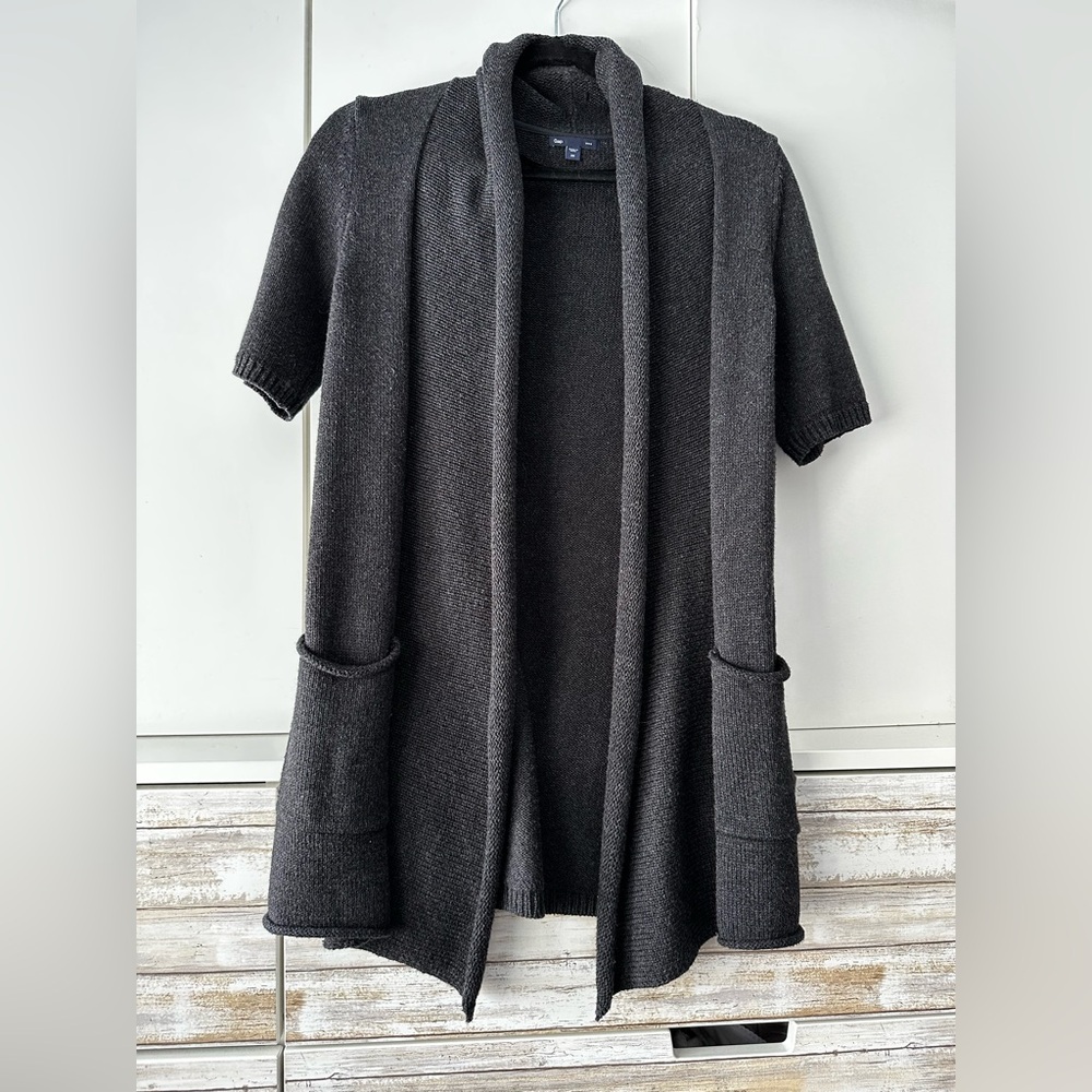 🖤 GAP Open Front Short Sleeve Cardigan Sweater Black XS Pockets